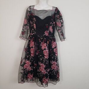 Chi Chi Adalee Women's Dress 8 Black Floral Embroidered Fairy Ethereal Whimsical